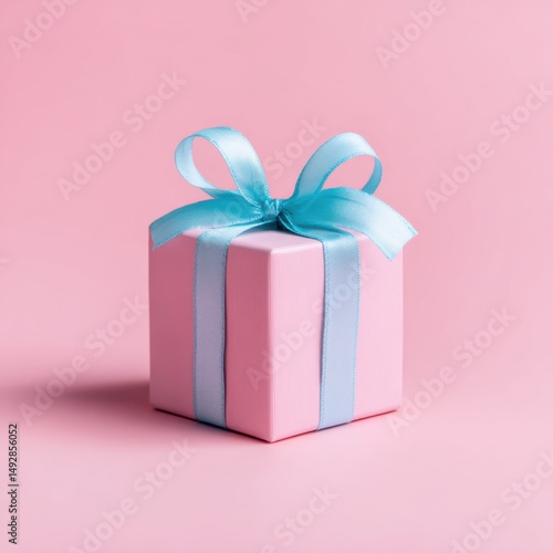 Pink gift box with blue ribbon on pink background studio shot square shape present for celebration or birthday