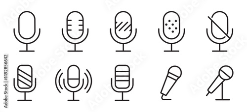 Microphone icon set. Podcast web icon set. Different microphone collection. Editable stroke. Vector illustration.