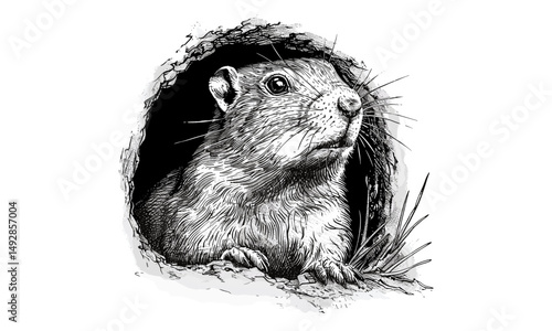 Vintage Forest Animal Sketch, Antique Engraving of Gopher Peeking, Monochrome Rodent Illustration, Retro Etching Style, Black Sketch