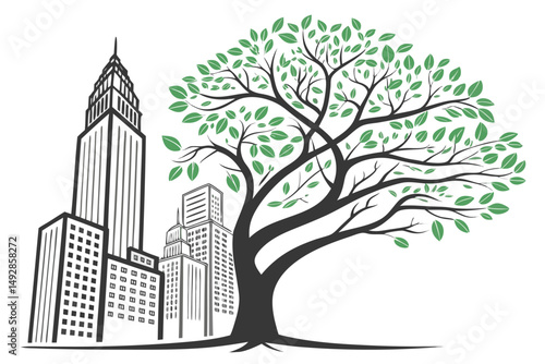 60 detailed, high quality, 3d illustration, architectural tree, city skyline, skyscrapers, buildings, leaves, branches, organic, volumetric, vibrant colors, clean lines, minimalist style