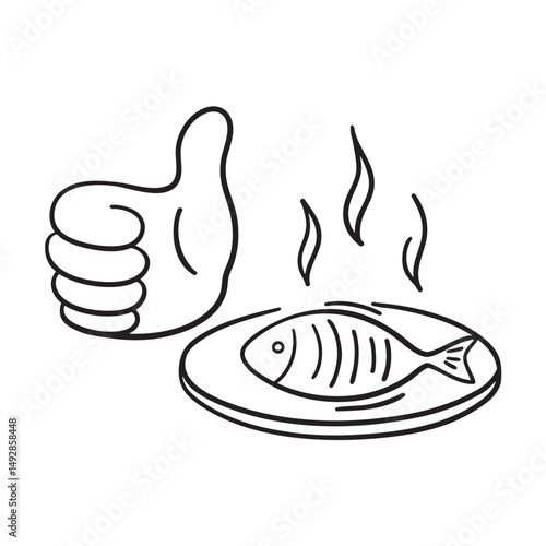 A thumb symbol beside a plate of grilled fish