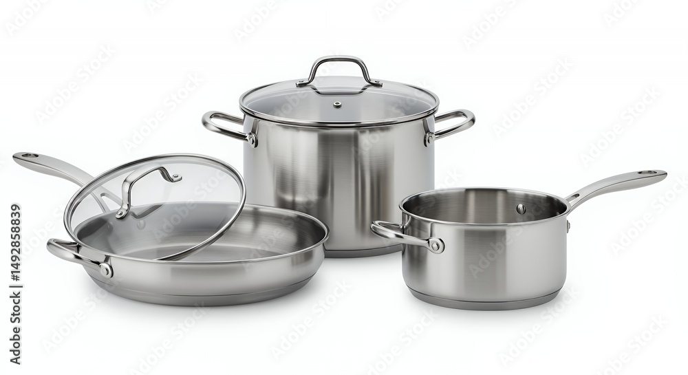 Stainless Steel Cookware Set with Glass Lids Isolated on White Background for Commercial Use Stainless Steel Cookware Set with Glass Lids Isolated on White Background for Commercial Use
