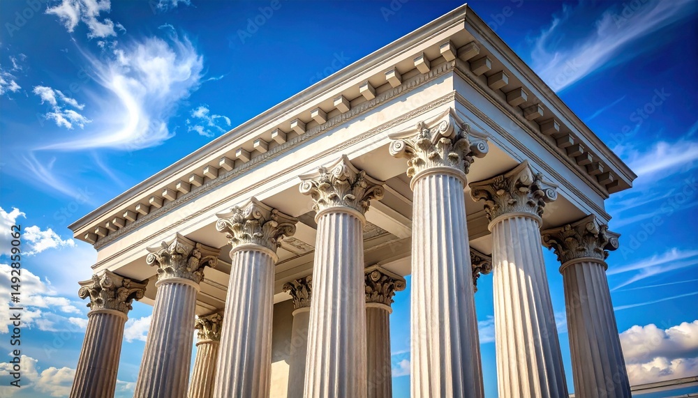 Fototapeta premium low angle view of classical architecture featuring ornate columns against a blue sky with clouds generative ai