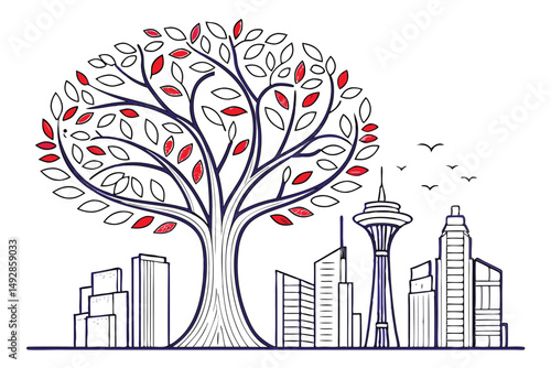 60 detailed, high quality, 3d illustration, architectural tree, city skyline, skyscrapers, buildings, leaves, branches, organic, volumetric, vibrant colors, clean lines, minimalist style