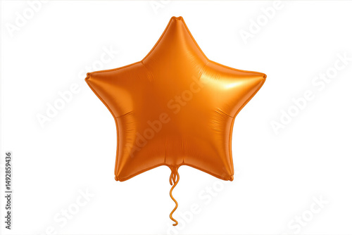 Glossy orange star-shaped balloon hovering, curled ribbon attached, floating against transparent backdrop for party decorations