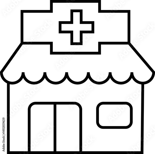 "pharmacy icon featuring a medical storefront with a cross symbol, representing healthcare and medicine, displayed on a transparent background".