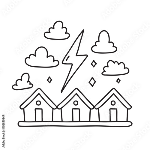 A thunder symbol appearing above rooftops