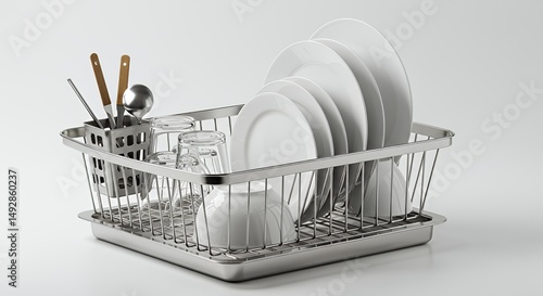 Stainless Steel Dish Rack with Clean White Plates Bowls and Glasses Drying on White