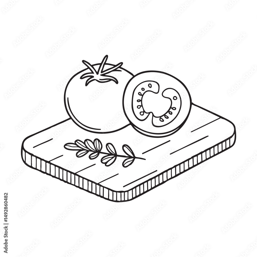A thyme leaf beside sliced tomato on a chopping board A thyme leaf beside sliced tomato on a chopping board
