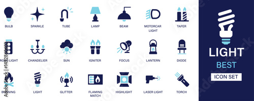 Light icon set collection. Bulb, sparkle, tube, lamp, beam, light, taper, road light, sun, focus, lantern, diode and best solid icon set.