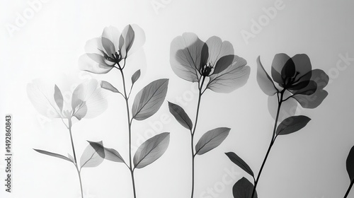 Minimalist composition of botanical patterns delicate flowers, leaves, herbarium textures, floral ornaments, clean lines, soft natural forms, monochrome elegance.