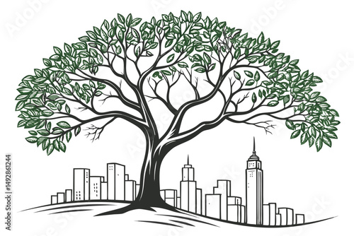 60 detailed, high quality, 3d illustration, architectural tree, city skyline, skyscrapers, buildings, leaves, branches, organic, volumetric, vibrant colors, clean lines, minimalist style
