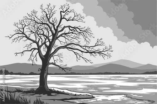 61 wintry lake landscape, lone tree in lake, dramatic cloudy sky, mountains in background, black and white, sketch photo effect