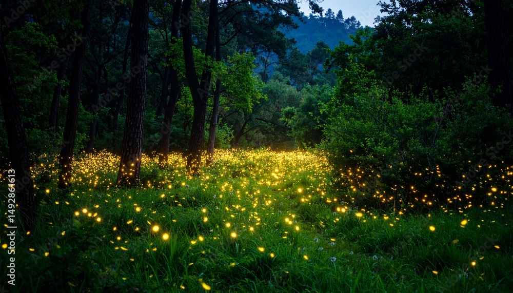 Fototapeta premium fireflies glowing in a forest clearing at dusk