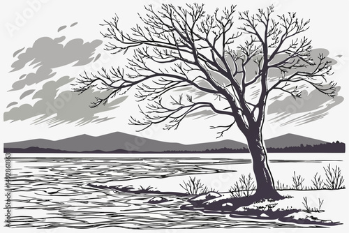 61 wintry lake landscape, lone tree in lake, dramatic cloudy sky, mountains in background, black and white, sketch photo effect