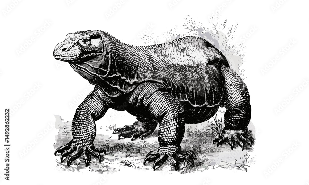 Obraz premium Vintage Komodo Dragon Engraving, Antique Jungle Wildlife Art, Monochrome Reptile Illustration, Retro Lizard Print, Rustic Hand-drawn Nature Sketch, Old Engraving Style, Trendy Reptile Art