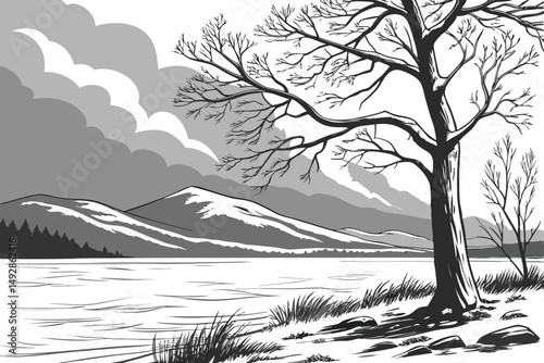 61 wintry lake landscape, lone tree in lake, dramatic cloudy sky, mountains in background, black and white, sketch photo effect