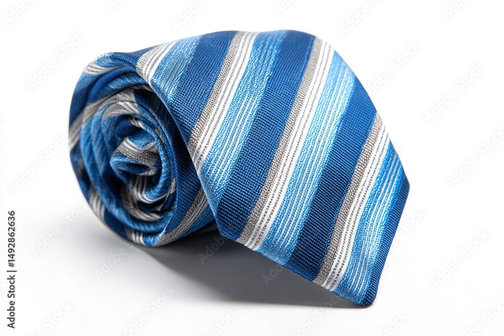 Elegant Blue and Grey Striped Necktie: A Rolled Silk Fashion Accessory Elegant Blue and Grey Striped Necktie: A Rolled Silk Fashion Accessory