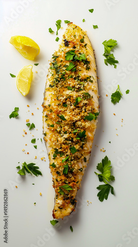 Fish fillet baked with a crispy herb and breadcrumb crust. Minimalistic styling.