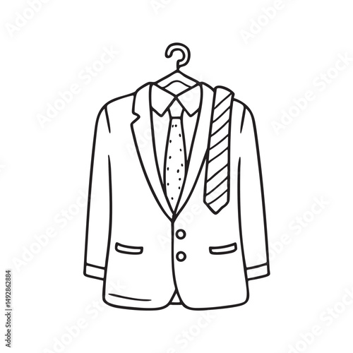 A tie lying beside an ironed suit on a rack