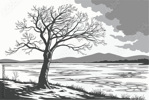 61 wintry lake landscape, lone tree in lake, dramatic cloudy sky, mountains in background, black and white, sketch photo effect