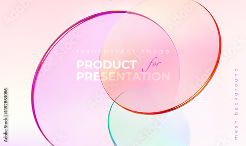Transparent glass gradient disk or plate on pink backdrop. 3d product display backdrop. Presentation podium,cosmetic ads, round shape fly. Beauty template,banner, cover. Vector mockup illustration