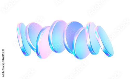 3d glass disk shape hologram effect. Render abstract neon pink blue coin set. Fly round podium, disc, badge, lens, plate crystal isolation. Y2k hologram shape. Vector trendy illustration
