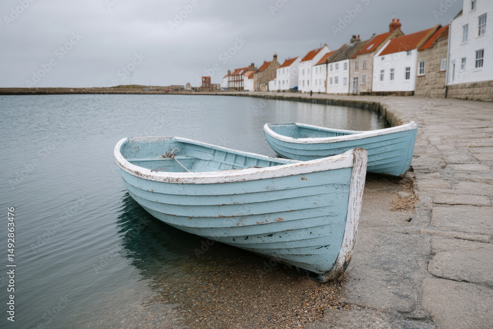 Naklejka premium Two weathered fishing boats rest serenely by a quaint village dock, echoing tales of bygone voyages and coastal tranquility; ideal for National Maritime Day and rare seaside retreats