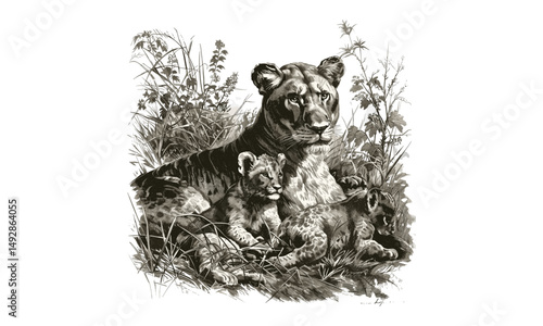 Monochrome Wild Cat Line Art, Antique Engraving of Lioness with Cubs, Vintage Wildlife Etching, Detailed Nature Illustration, Retro Animal Print, Rustic Fauna Drawing, Black Sketch