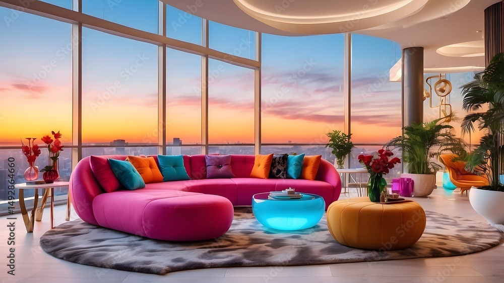 Fototapeta premium A radiant luxury penthouse glowing with vibrant custom-designed furniture, Cinematic theme, HDR, Vibrant 