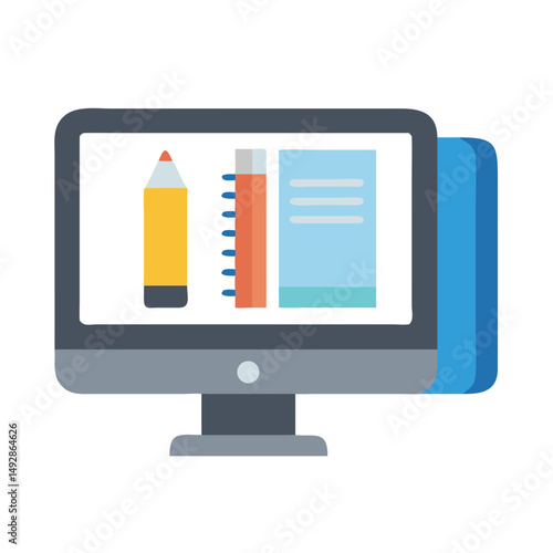 Computer screen displaying pencil, notebook, and document icons