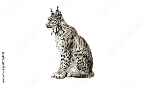 Antique Engraving of Lynx Sitting Calmly, Hand-drawn Forest Predator Sketch, Vintage Wildlife Illustration, Retro Etching Nature Art, Black Sketch, Monochrome, Old Engraving Style