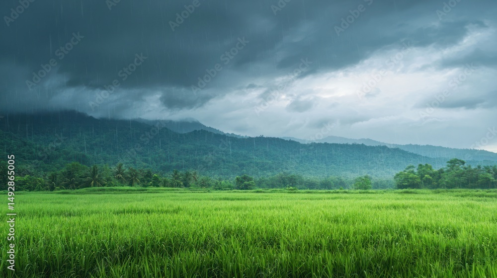 Obraz premium Heavy rain falling on a lush green field, creating a dramatic mood