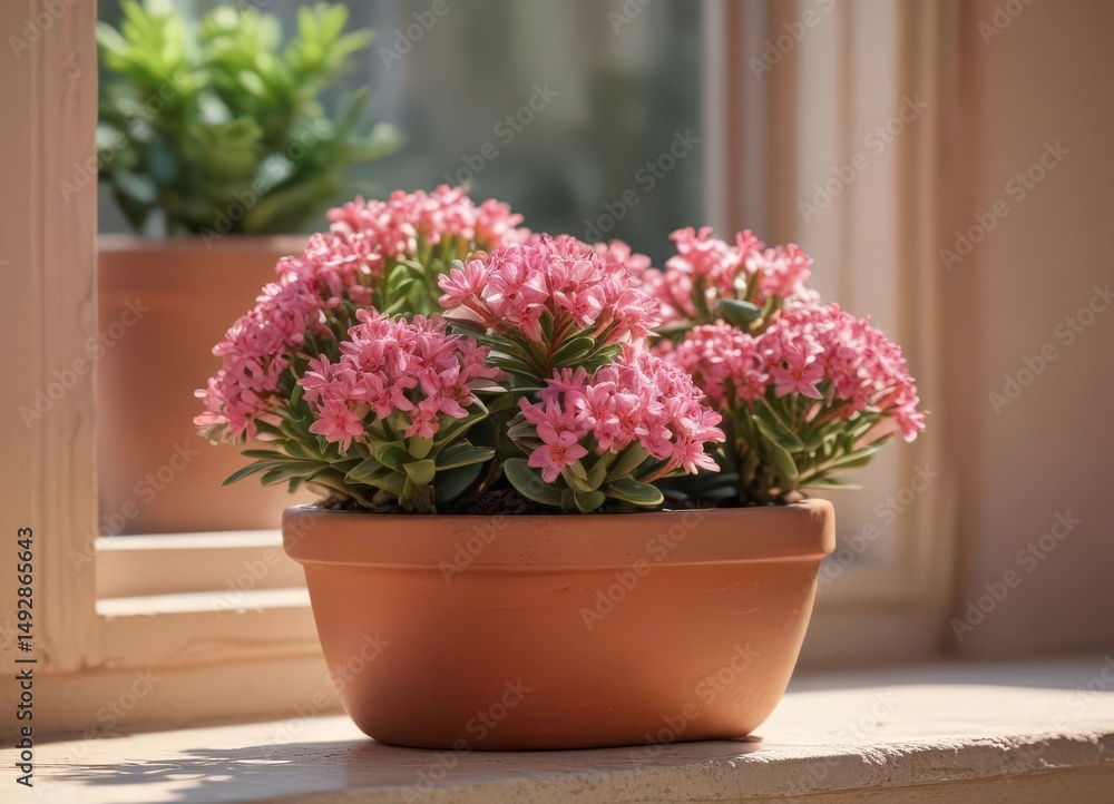 Pink crassula blossoms in terracotta pot on sunny windowsill, fresh, nature, botany Pink crassula blossoms in terracotta pot on sunny windowsill, fresh, nature, botany