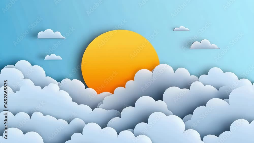 paper art of the sun rising above the clouds with sky blue background ...