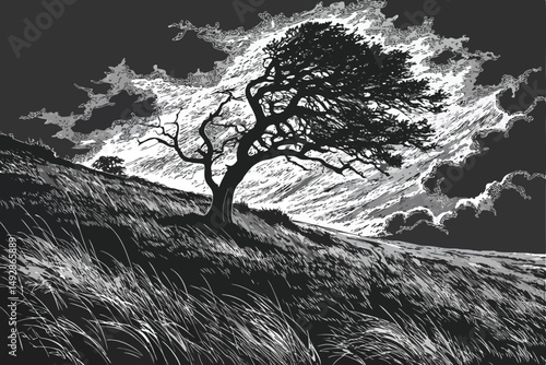62 a dramatic black and white landscape, a lone tree standing on a windswept hill, dramatic flowing grass and sky, cinematic lighting, highly detailed, intricate, atmospheric, moody, dramatic, landsca