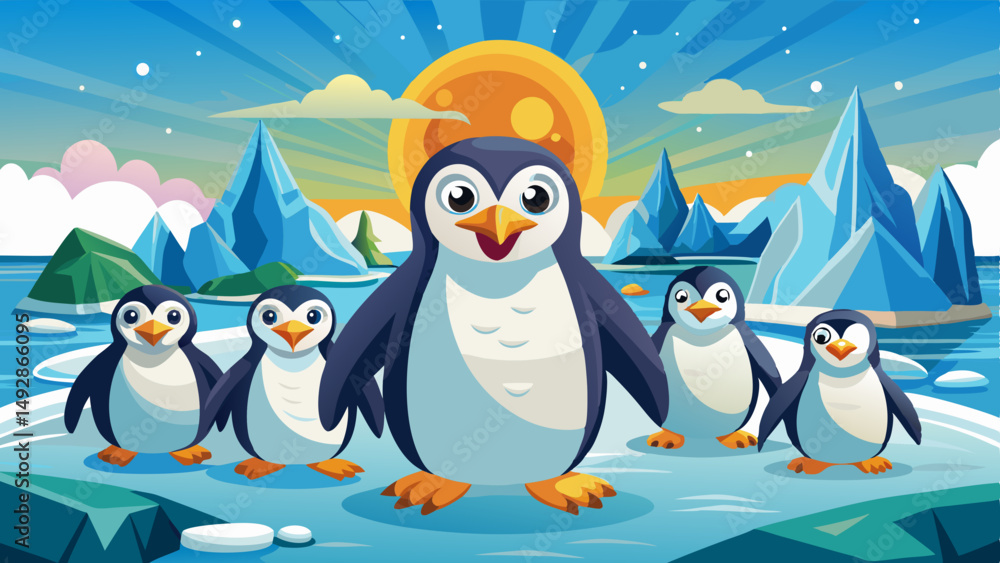 Obraz premium Happy cartoon penguins standing on icy landscape with glaciers and bright sun in vibrant arctic scene