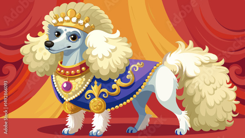 Cartoon poodle dressed as a royal queen with golden crown, pearls and ornate robe in dramatic red and gold setting