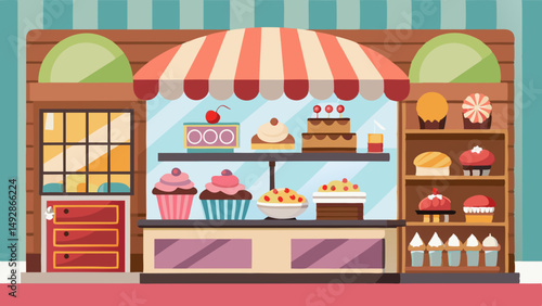 Cartoon bakery storefront with striped awning and display full of cupcakes, cakes, and pastries in bright cheerful style