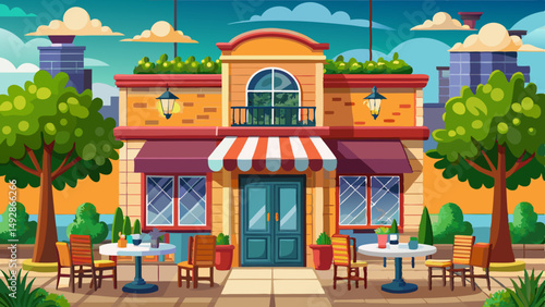Charming cartoon café with outdoor tables, striped awning, trees, and urban background in a sunny day scene