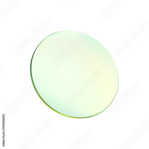 Glass round green color lens transparent. 3d gradient holographic disk icon. Light circle badge element. Abstract disc, lens, badge, podium, frame flying gradation texture. Vector 3d illustration