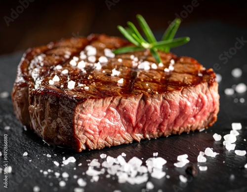 rustic close up of sea salt crusted steak on dark slate plate food photography