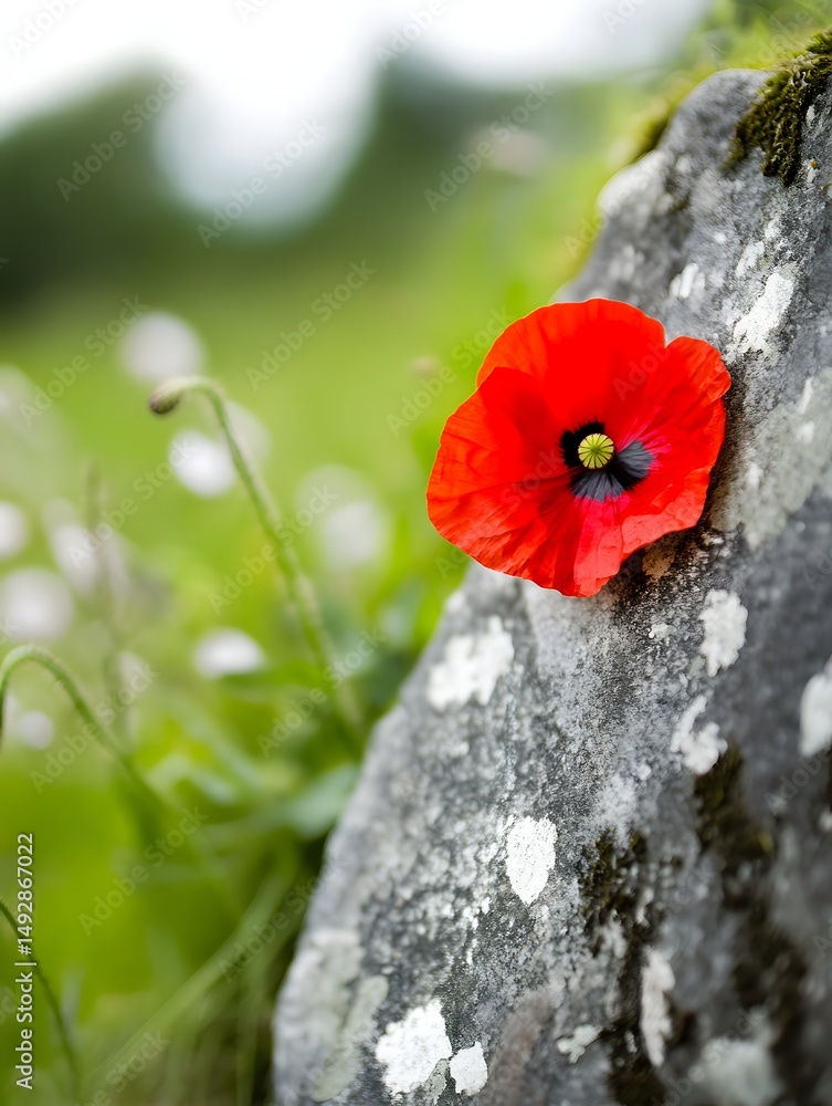 Obraz premium Single Red Poppy Flower on Grey Stone Nature Background Rock Wild Soft Bloom Petal Plant Image Macro