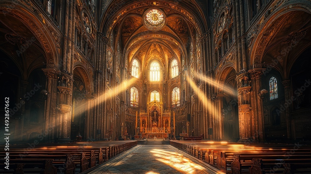 Fototapeta premium Grand cathedral interior, sunlight beams