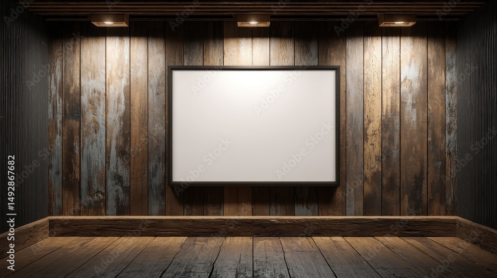 Blank white frame on gallery wall with dramatic lighting and dark wooden interior Blank white frame on gallery wall with dramatic lighting and dark wooden interior