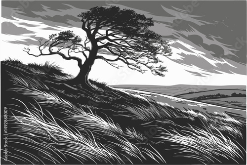 62 a dramatic black and white landscape, a lone tree standing on a windswept hill, dramatic flowing grass and sky, cinematic lighting, highly detailed, intricate, atmospheric, moody, dramatic, landsca