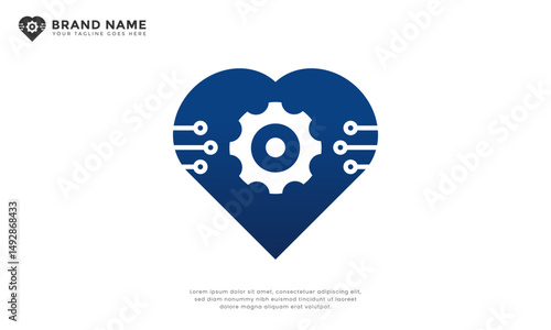 Heart Gear Tech Circuit Logo. Modern logo featuring a heart, gear, and circuit elements. Symbolizes innovation, connection, and technological care.