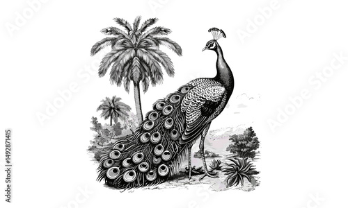 Wallpaper Mural Vintage Ornithology Etching, Antique Engraving of Peacock, Monochrome Bird Line Art, Retro Animal Print, Detailed Nature Illustration, Rustic Fauna Drawing, Tropical Garden, Black Sketch Torontodigital.ca