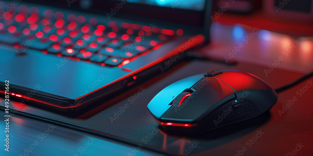 Sleek Gaming Mouse Beside Backlit Laptop Keyboard Illuminated in Blue and Red on Dark Desk background
Sleek Gaming Mouse Beside Backlit Laptop Keyboard Illuminated in Blue and Red on Dark Desk background