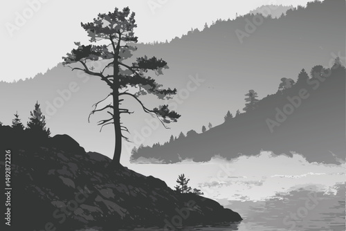 63 dramatic, moody, atmospheric, black and white, island, lone tree, rocky outcrop, mist, lake, tranquil, monochrome
